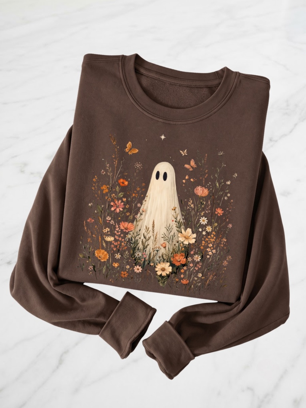 Gildan Brown Crewneck Sweatshirt with Floral Ghost Graphic